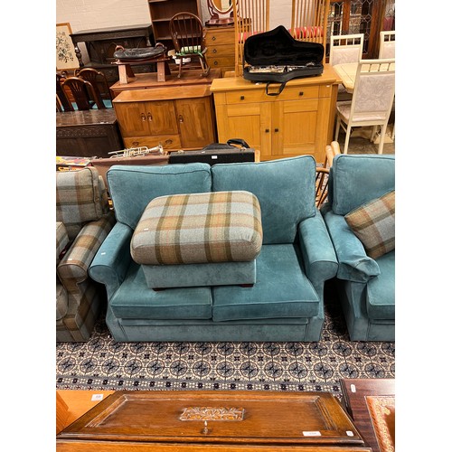 632 - Two two-piece contemporary settees in blue upholstery with tartan armchair, matching foot stool and ... 