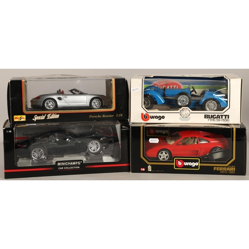 549 - Four boxed model cars including Minichamps Jaguar XK Coupe 2006, Burago Ferrari 348tb 1989, Maisto P... 