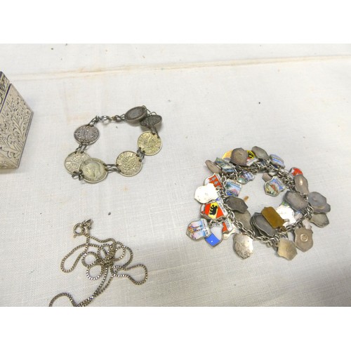 257 - Small white trinket box, silver coin bracelet, tourist ware silver bracelet etc.