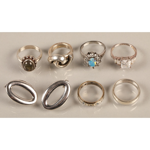 115 - Six silver rings including opal and CZ set (opal ring size N), and a pair of silver 0 shaped earring... 