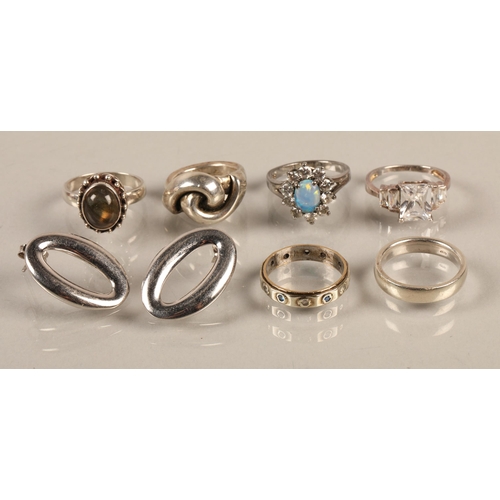 115 - Six silver rings including opal and CZ set (opal ring size N), and a pair of silver 0 shaped earring... 