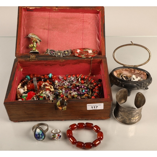 117 - Box of assorted jewellery etc including beads, silver, crucifixes and other Christian pendants, whit... 