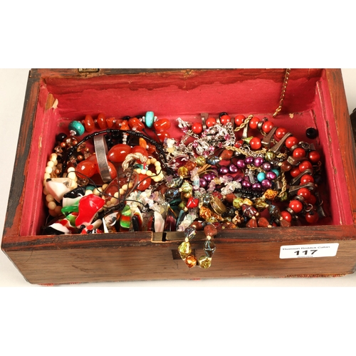 117 - Box of assorted jewellery etc including beads, silver, crucifixes and other Christian pendants, whit... 