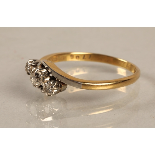 119 - 18k gold and platinum ring set with a trio of diamonds, ring size P/Q, gross weight 2.8g