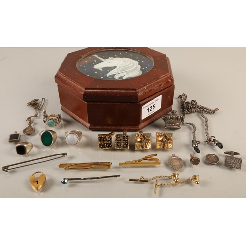 125 - Unicorn design jewellery box containing assorted rings, cufflinks, pendants, etc. some silver, one r... 