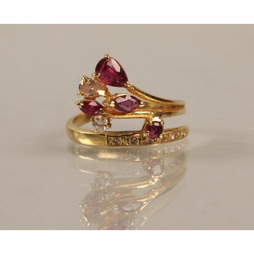 135 - Yellow metal ring set with diamonds and pink and white gems, illegible markings, ring size L/M