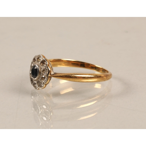 71 - Unmarked yellow metal Diamond & sapphire ring, ring size O