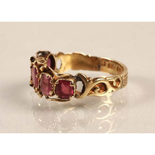 79 - 12ct gold ring set with five graduated Rubies, gross weight 2g, ring size M