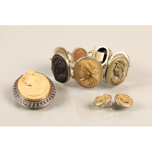 82 - Set of Roman style cameo 'lava stone' jewellery including bracelet, brooch, and clip on earrings, al... 