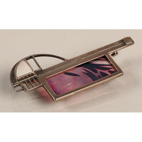 83 - Arts and crafts / Glasgow style silver brooch set with iridescent glass panel, signed 'PG 96' illegi... 