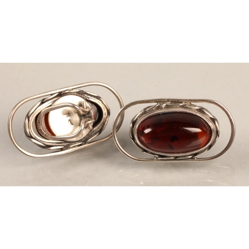 84 - Silver ring set with amber resin, ring size O, and a pair of silver clip on earrings set with amber ... 