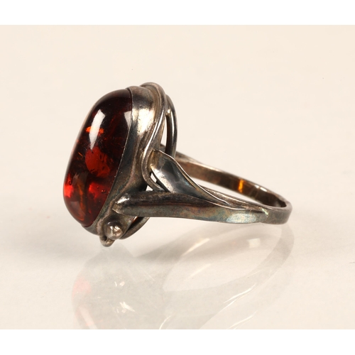 84 - Silver ring set with amber resin, ring size O, and a pair of silver clip on earrings set with amber ... 