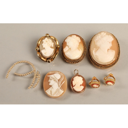 89 - Assorted cameo pieces including three brooches, pair clip on earrings, and one loose