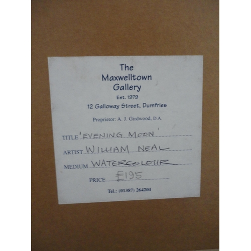 103 - William NealEvening MoonSigned, watercolour, with Maxwelltown Gallery label verso.... 