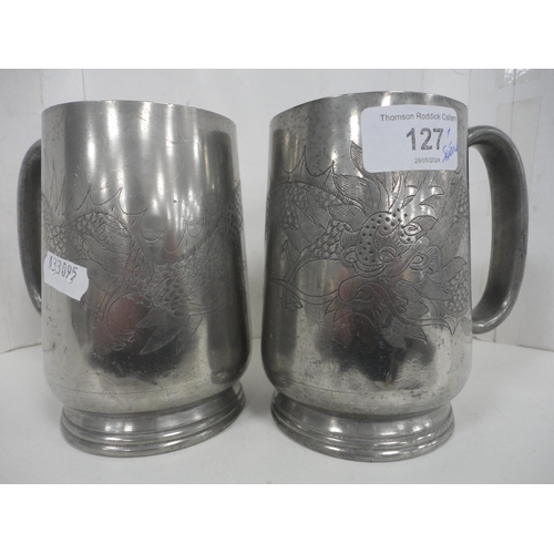 127 - Pewter tankards to include Chinese examples, burr wood ornaments, coasters, quaich, enamel Art Deco-... 