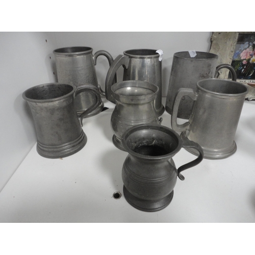 127 - Pewter tankards to include Chinese examples, burr wood ornaments, coasters, quaich, enamel Art Deco-... 