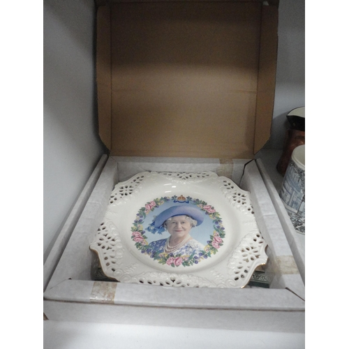 129 - Porcelain cabinet plates to include Royal Doulton examples, commemorative mugs and plates, 'The Buff... 