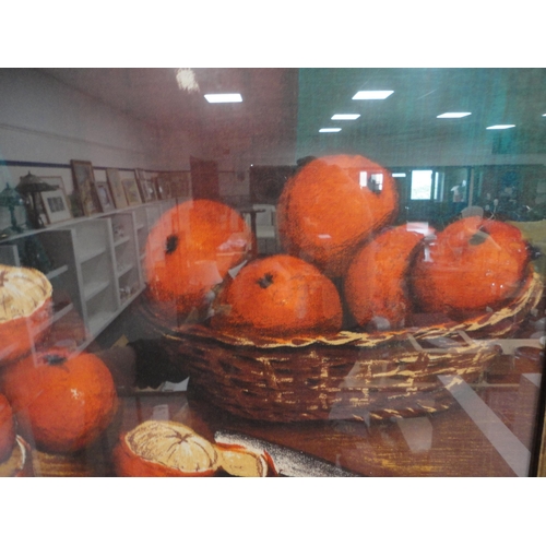 139 - Still life panel of oranges and a jug, framed and glazed.