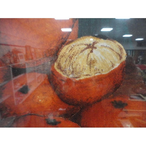 139 - Still life panel of oranges and a jug, framed and glazed.