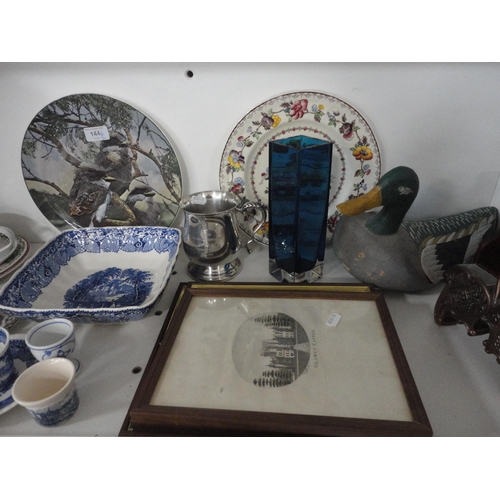 144 - Tankard, painted duck figure, Royal Doulton plate and another plate, Glamis Castle and other prints,... 