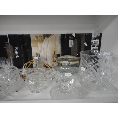 145 - Crystal and glass to include Gleneagles Crystal bowl and spreader, table lamp base, vase, liqueur gl... 