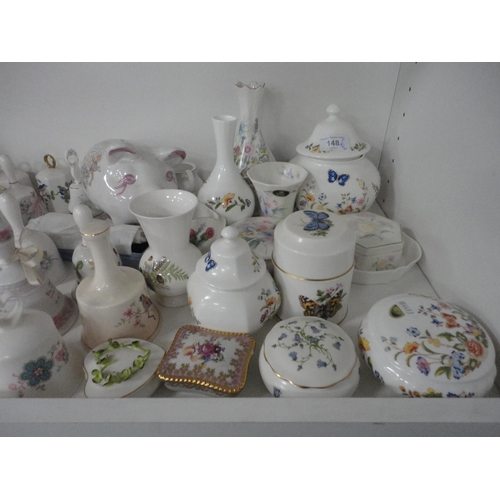 148 - Bell ornaments, Aynsley china, modern figures, plaques, trinket boxes etc (three shelves).