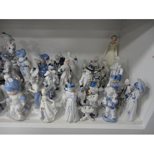 148 - Bell ornaments, Aynsley china, modern figures, plaques, trinket boxes etc (three shelves).