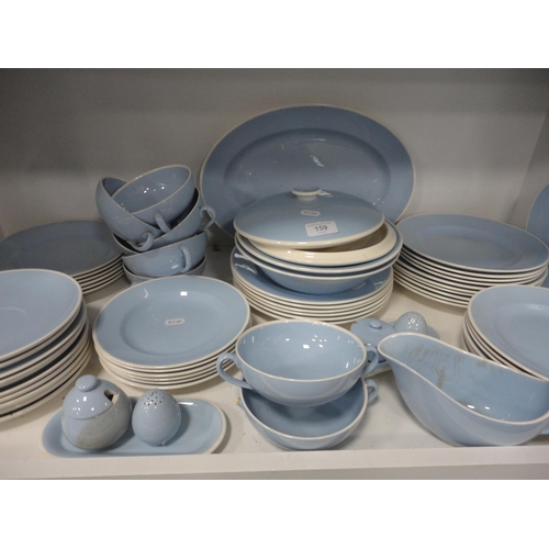 159 - Large quantity of Royal Copenhagen 'Sonja' pattern blue glazed dinnerwares (one shelf).