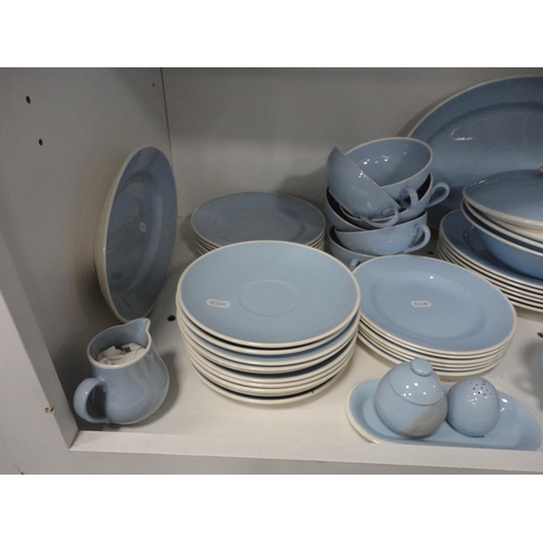 159 - Large quantity of Royal Copenhagen 'Sonja' pattern blue glazed dinnerwares (one shelf).