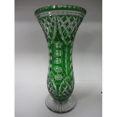 163 - Bohemian-style tinted glass vase with applied floral decoration, green flash-cut crystal vase, blush... 