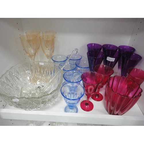 167 - Assorted glassware to include coloured glass wine glasses, conical wine glasses, punch bowl, champag... 