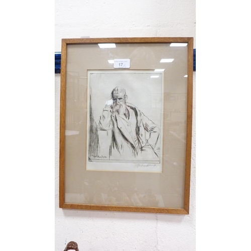 17 - Portrait of an older gentleman, indistinctly pencil signed artist's proof etching, another by the sa... 