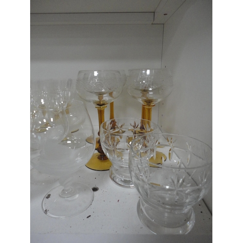 170 - Crystal and glass to include champagne glasses, liqueur glasses, tumblers etc (one shelf).