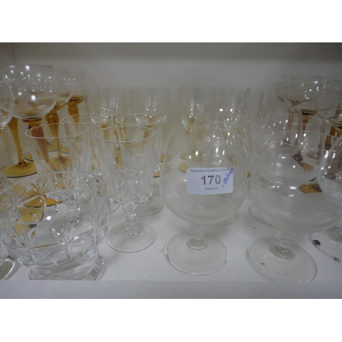 170 - Crystal and glass to include champagne glasses, liqueur glasses, tumblers etc (one shelf).