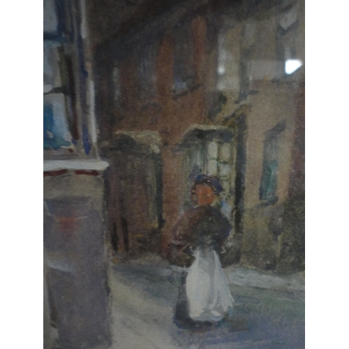 175 - B PaineStreet scene with figureWatercolour, and an indistinctly signed acrylic depicting a landscape... 