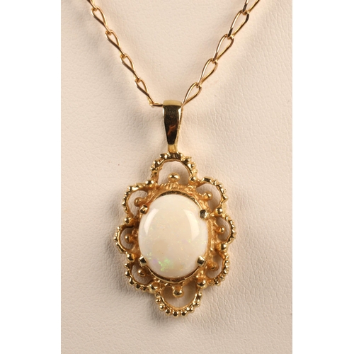 144 - Yellow metal pendant (illegibly marked) set with opal cabochon, on a 9ct gold chain, gross weight 6g