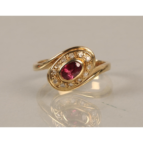 149 - Yellow metal ring illegibly marked, set with a central pink stone surrounded by diamonds, gross weig... 