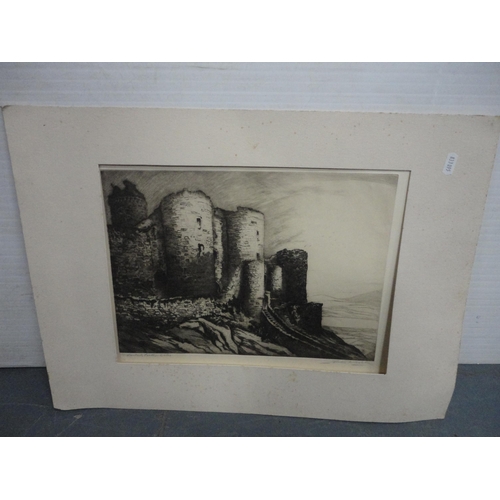 178 - Etching of Harlech Castle, unframed, another etching of a church interior, prints, map of St Andrews... 