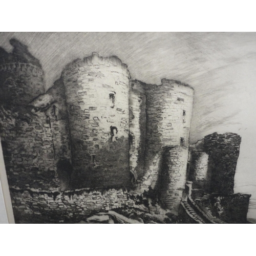 178 - Etching of Harlech Castle, unframed, another etching of a church interior, prints, map of St Andrews... 