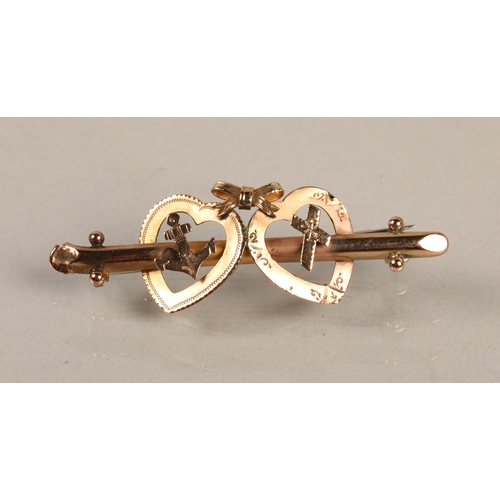 183 - 9ct gold Victorian love token mizpah bar brooch, 2.3g