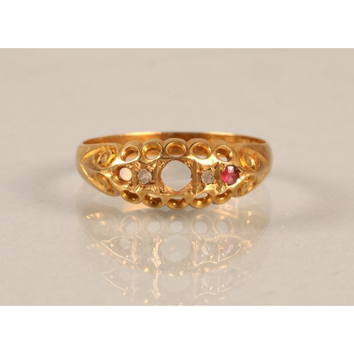 184 - 18ct gold ring, set with diamond chips and a pink gem, some stones missing, gross weight 2.2g