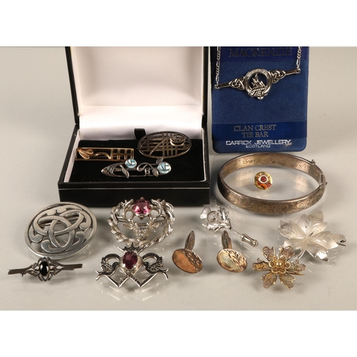 203 - Mackintosh style silver brooches, other silver, Celtic design brooches, bangle, cufflinks, etc