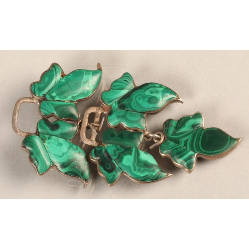 205 - Malachite ivy design brooch set in white metal, 8cm top to bottom