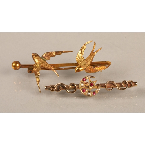 208 - 9ct gold bar brooch with swallow design (3.7g), and another yellow metal brooch set with pink gems a... 