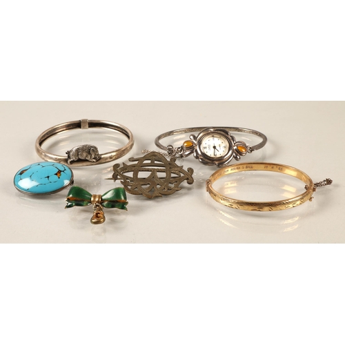 210 - Assorted jewellery some silver, brooches, bangle with hog design, enamel bow watch fob, etc