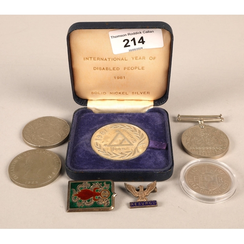 214 - Five coins including silver, French 2nd regiment 'Etranger d'infanterie En Extreme Orient' pin badge... 