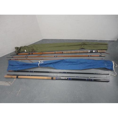 190 - Four assorted fishing rods to include a BMS split cane example, all with carry bags.  (4)