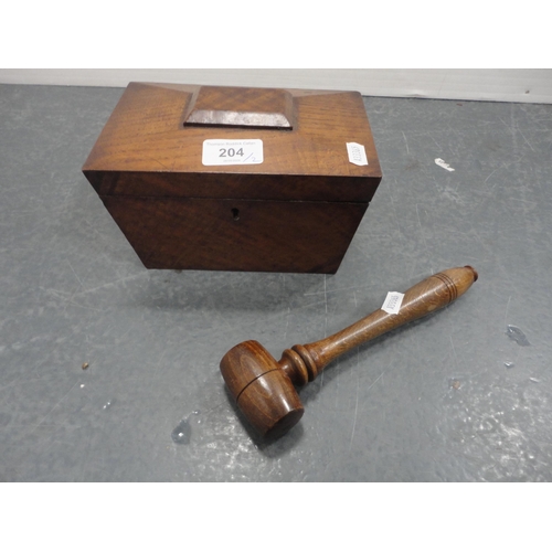 204 - 19th century mahogany sarcophagus tea caddy and a gavel.  (2)