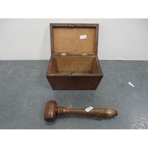 204 - 19th century mahogany sarcophagus tea caddy and a gavel.  (2)