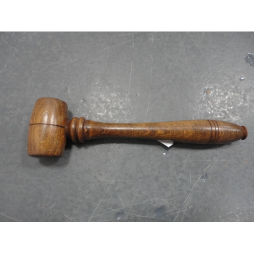 204 - 19th century mahogany sarcophagus tea caddy and a gavel.  (2)